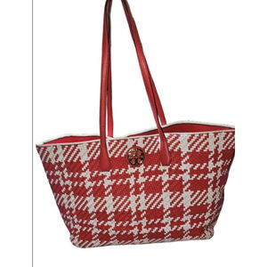 TORY BURCH DUET LARGE WOVEN LEATHER TOTE CHERRY/IVORY/WHITE